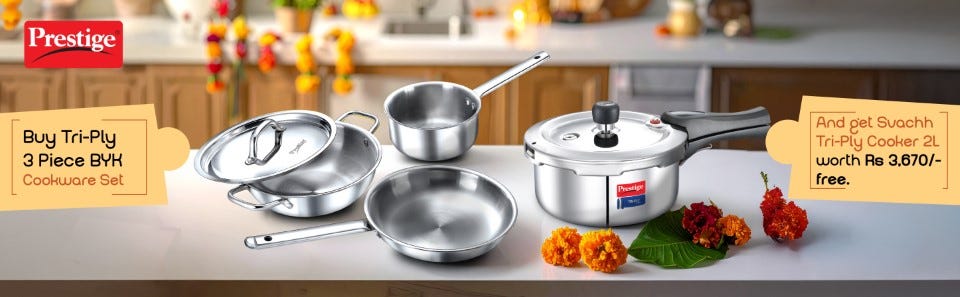 Buy Tri-Ply 3 Piece BYK Cookware Set and get Svachh Tri-Ply Cooker 2L worth Rs 3,670/- free.