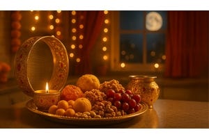 Traditional Karwa Chauth thali with diya, sweets, and fruits