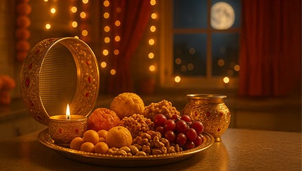 Traditional Karwa Chauth thali with diya, sweets, and fruits